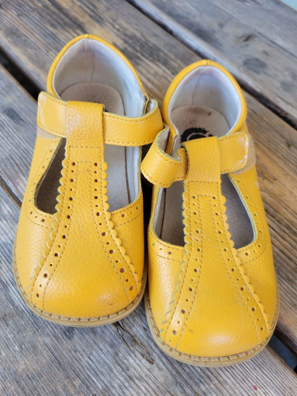 LIVIE + LUCA / JOYFUL LITTLE SOLES SZ 11C VGUC  MUSTARD velcro scallop Shoes